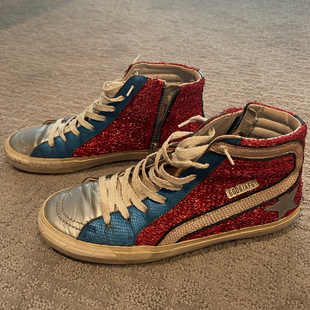 Red white and blue golden goose sneakers